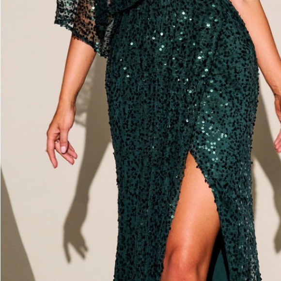 New dark green one-shoulder wrap maxi dress with batwing sleeves - Picture 4 of 8